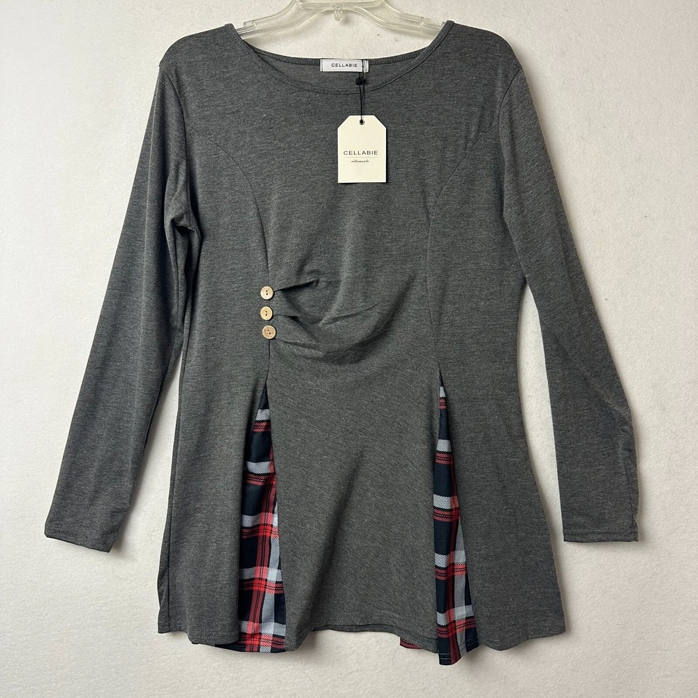 Cellabie Womens Gray Plaid Accent Long Sleeve Tunic Top Side Button Gathered NWT